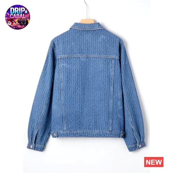 Oversized Boyfriend Jean Jacket Textured Denim Long Sleeve Button Up Tunic - Picture 4 of 7